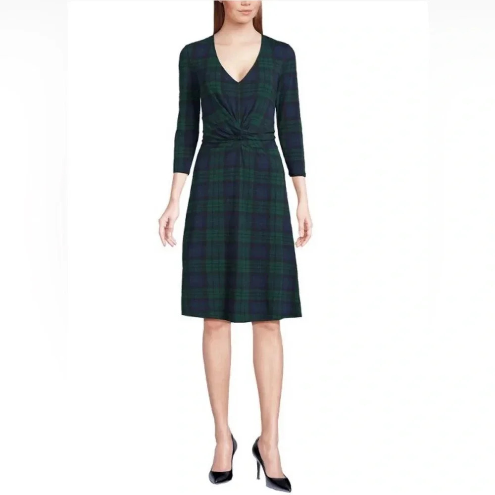 Lands End 3/4th Sleeve Midi Dress size Small (4-6) in Plaid